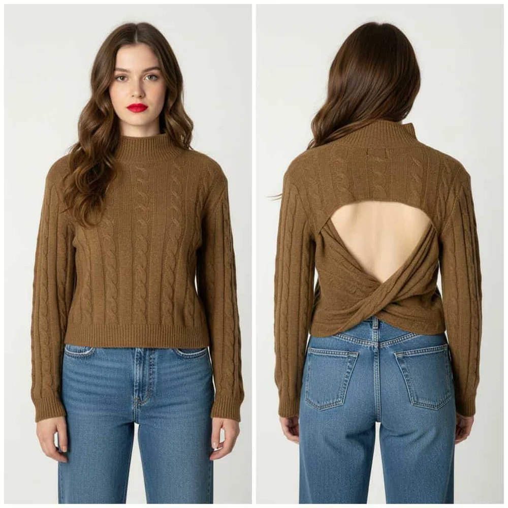 Hippie Rose Women’s Tawny High Neck Back Cutout Long Sleeve Knit Sweater Small